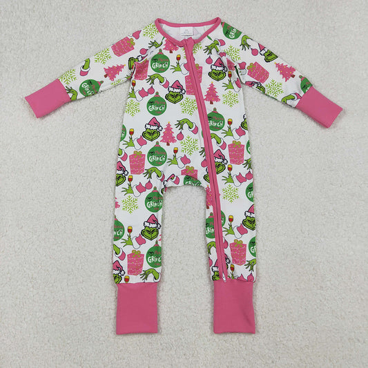 LR2588 Green Frog Smiling Pink Print Baby Girls Christmas Zipper Sleeper Romper