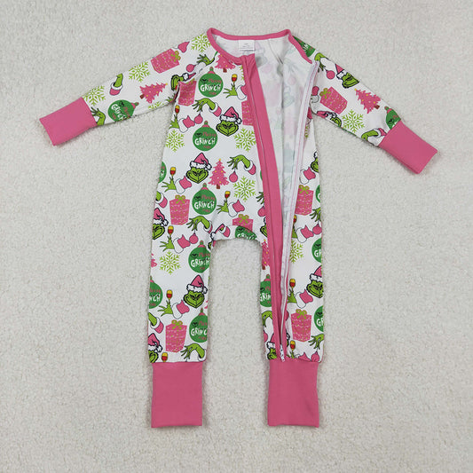 LR2588 Green Frog Smiling Pink Print Baby Girls Christmas Zipper Sleeper Romper