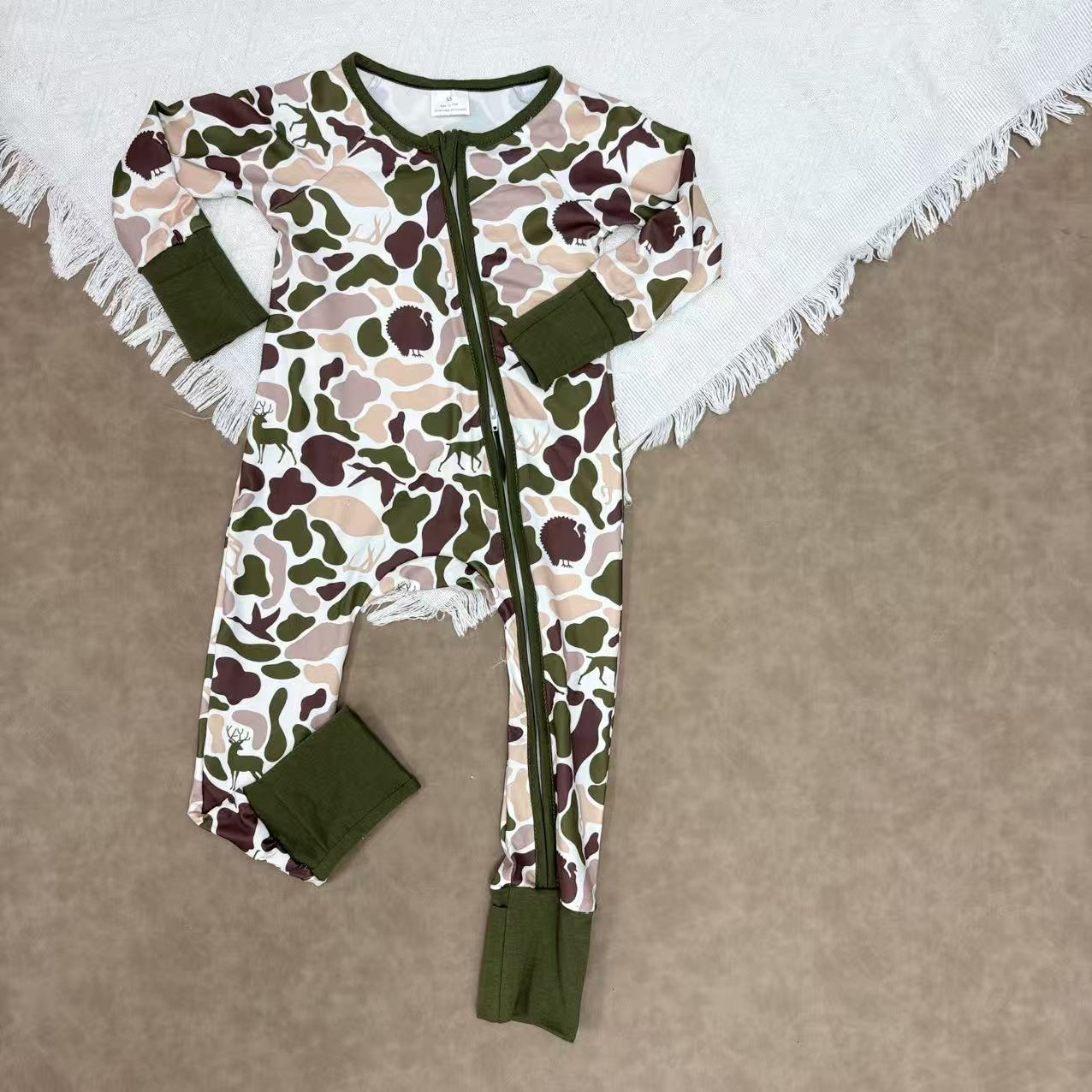 Sibling Boys Dark Green Camo Long Sleeve Pajama Set and Zipper Romper