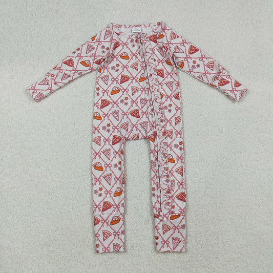 LR2594 Pie Bows Print Baby Girls Thanksgiving Zipper Sleeper Romper