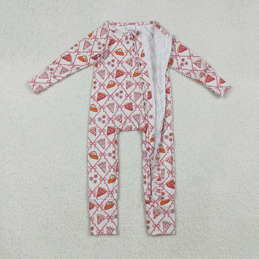 LR2594 Pie Bows Print Baby Girls Thanksgiving Zipper Sleeper Romper