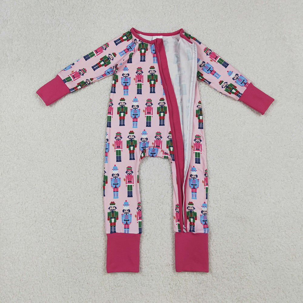 LR2598 Nutcracke* Soldier Pink Print Baby Girls Christmas Zipper Sleeper Romper
