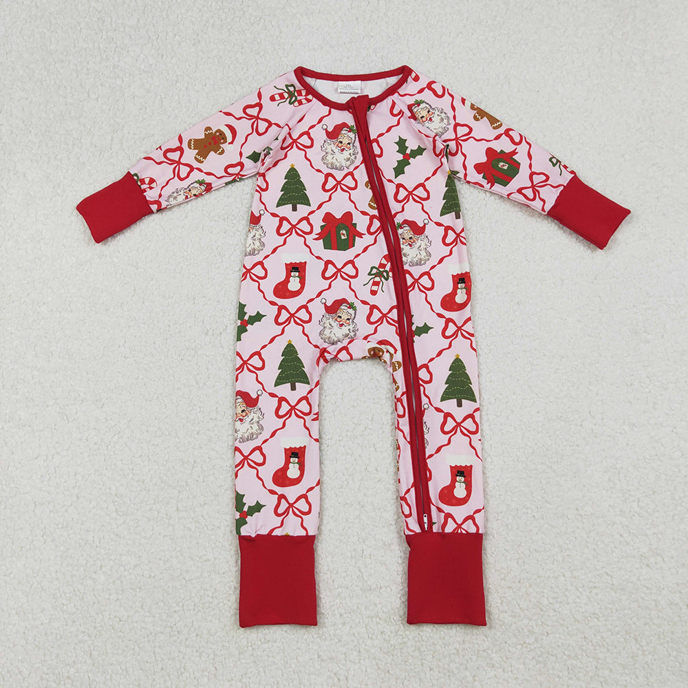 LR2632 Santa Holly Bows Print Baby Girls Christmas Zipper Sleeper Romper