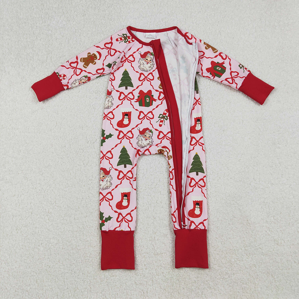 LR2632 Santa Holly Bows Print Baby Girls Christmas Zipper Sleeper Romper