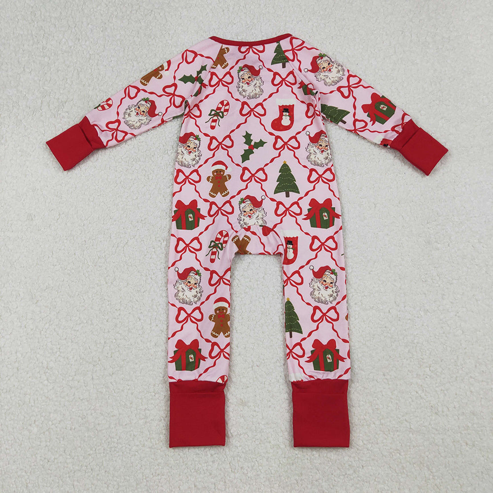 LR2632 Santa Holly Bows Print Baby Girls Christmas Zipper Sleeper Romper