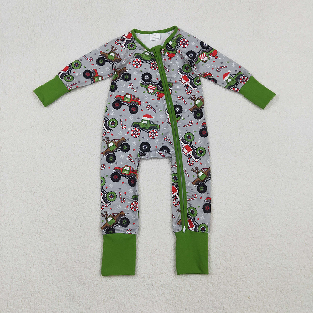 LR2669 Monster Trucks Candy Cane Print Baby Boys Christmas Zipper Sleeper Romper
