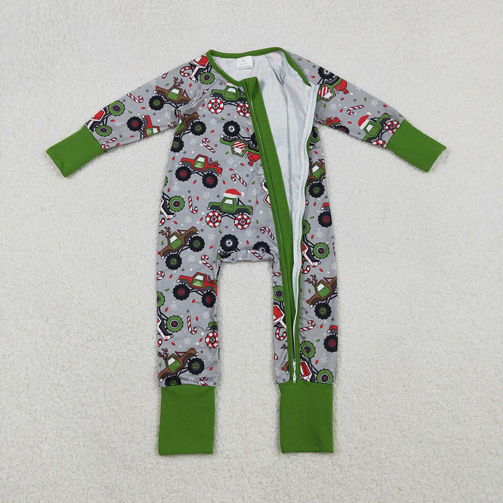 LR2669 Monster Trucks Candy Cane Print Baby Boys Christmas Zipper Sleeper Romper