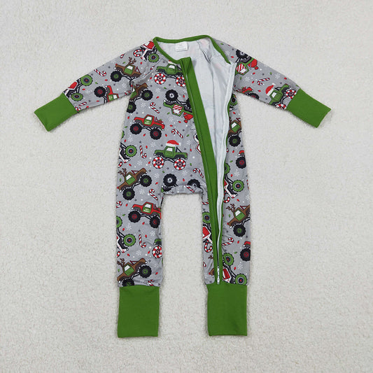 LR2669 Monster Trucks Candy Cane Print Baby Boys Christmas Zipper Sleeper Romper