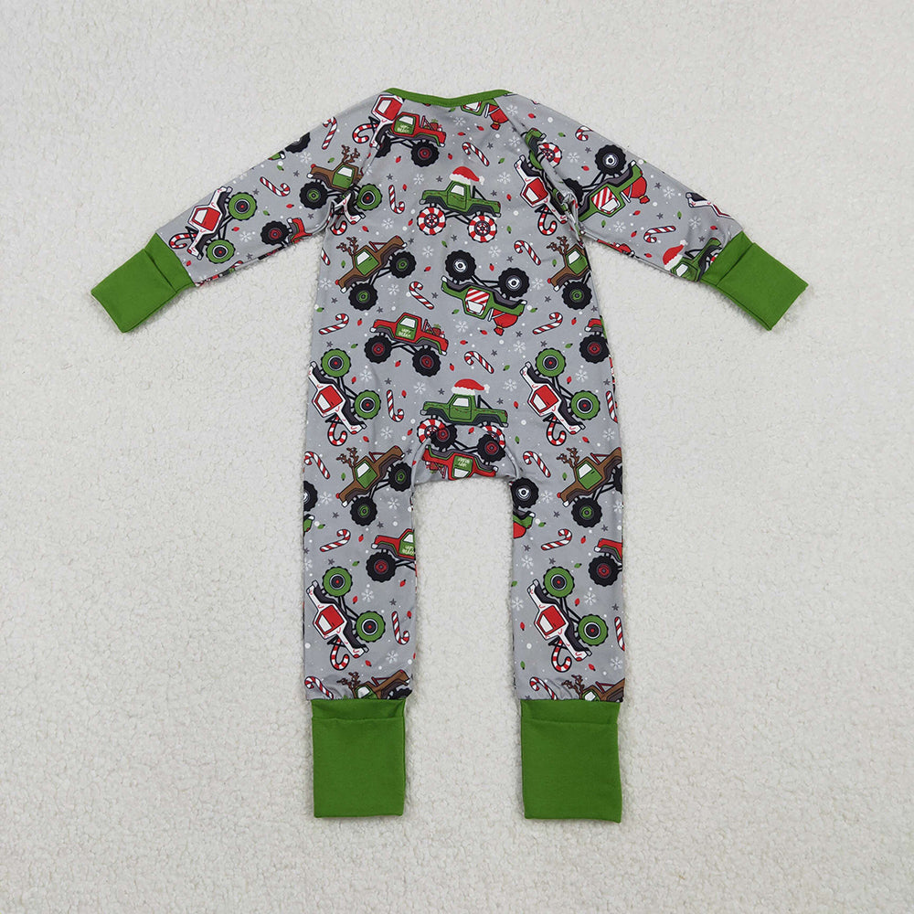 LR2669 Monster Trucks Candy Cane Print Baby Boys Christmas Zipper Sleeper Romper