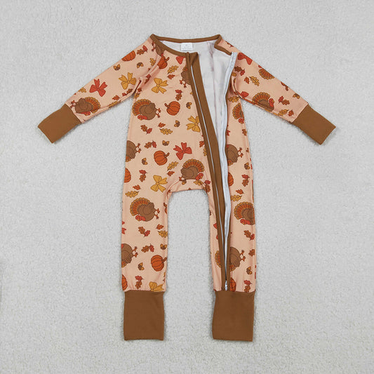 LR2689 Turkey Pumpkin Bows Print Baby Girls Thanksgiving Zipper Sleeper Romper
