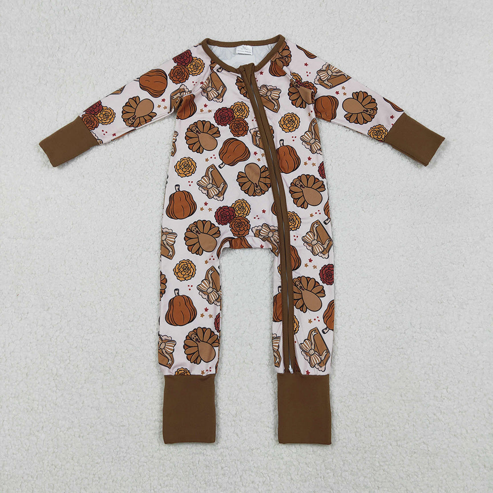 LR2690 Turkey Pumpkin Pie Print Baby Girls Thanksgiving Zipper Sleeper Romper