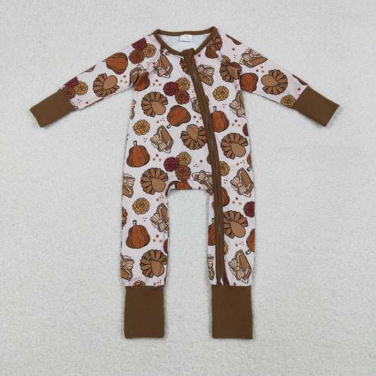 LR2690 Turkey Pumpkin Pie Print Baby Girls Thanksgiving Zipper Sleeper Romper