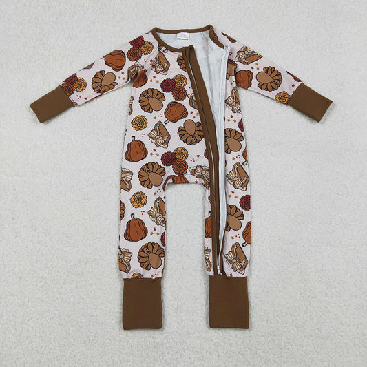 LR2690 Turkey Pumpkin Pie Print Baby Girls Thanksgiving Zipper Sleeper Romper
