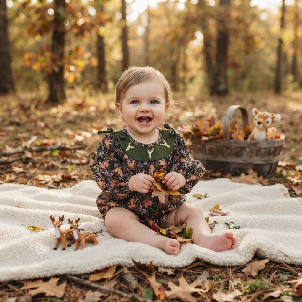 LR2728 Deer Embroidery Branch Camo Baby Girls Long Sleeve Bubble Romper