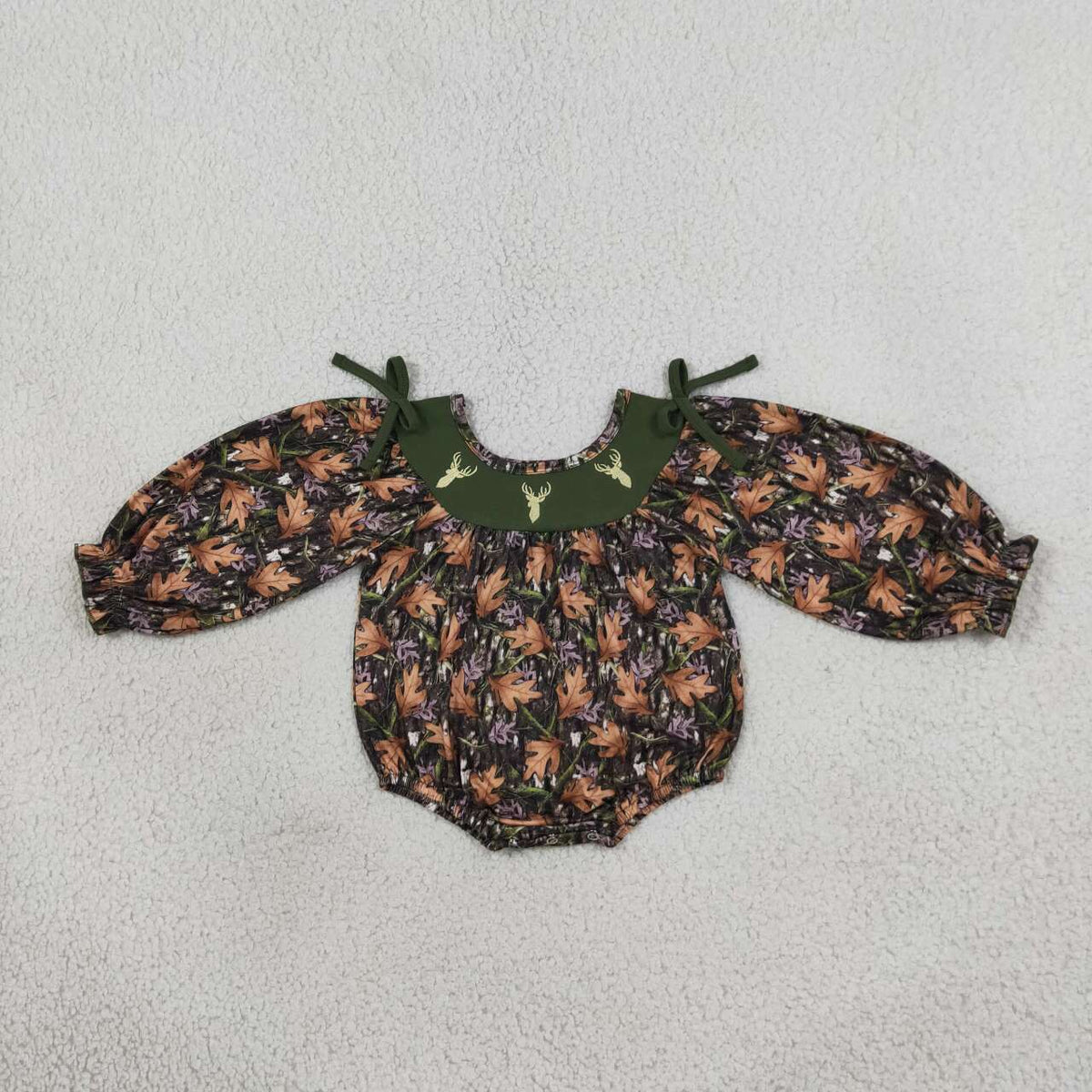 LR2728 Deer Embroidery Branch Camo Baby Girls Long Sleeve Bubble Romper