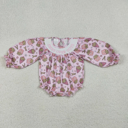Baby Girls Valentine Fries Over Guys” Embroidery Bubble Romper