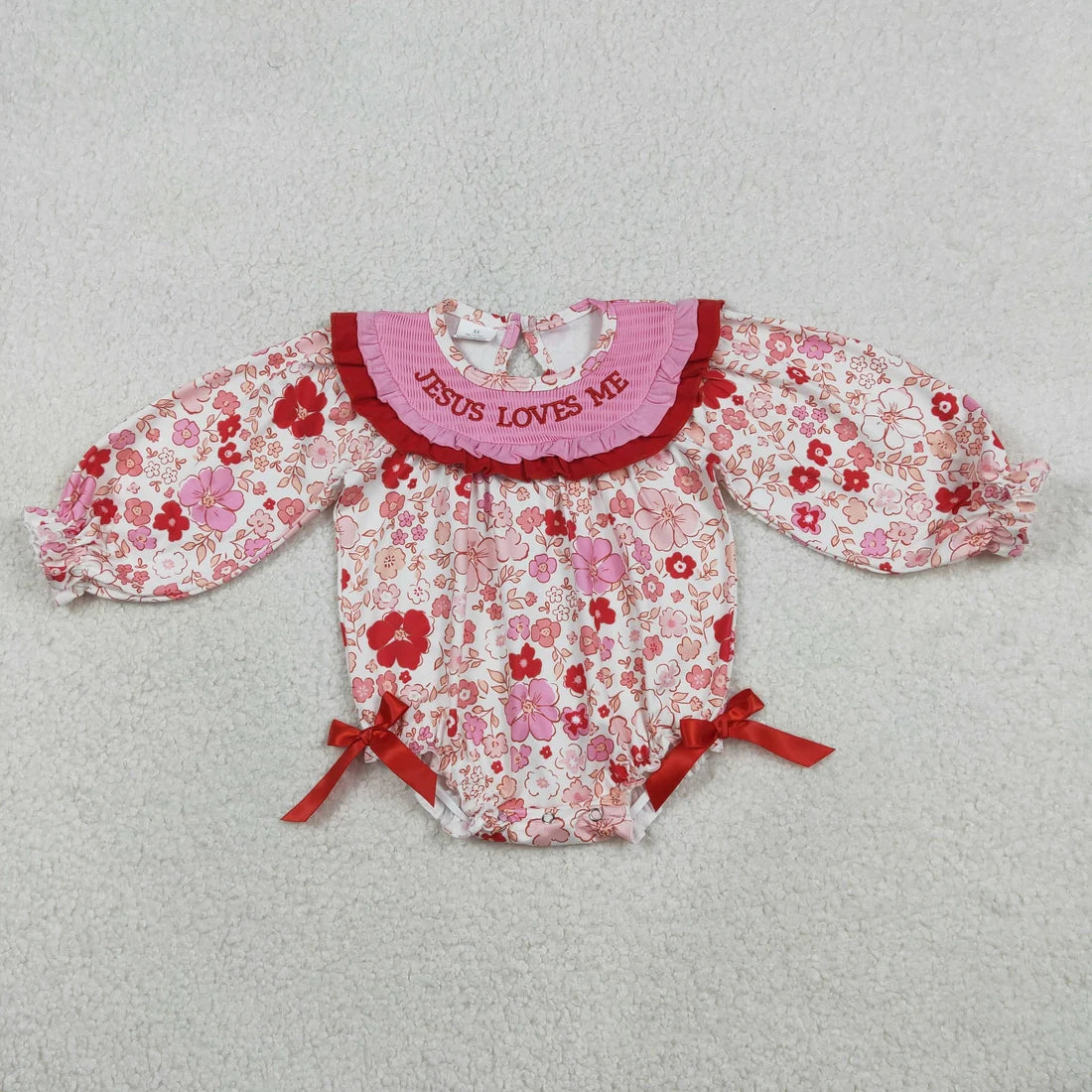 Jesus Love Me Baby Girls Flowers Valentines Long Sleeve Bubble Romper