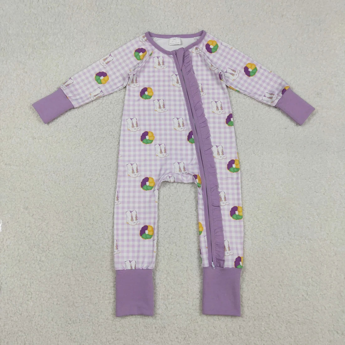 Sibling Baby Boys Girls  Mardi Gras Donuts Boots Pajama Set Dress and Zipper Romper