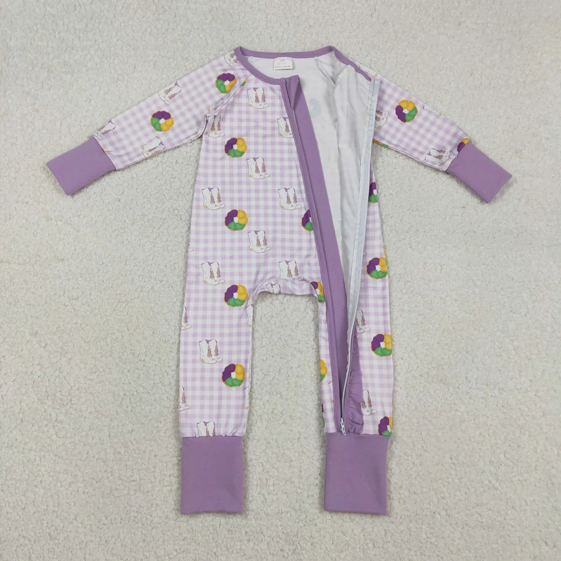 Sibling Baby Boys Girls  Mardi Gras Donuts Boots Pajama Set Dress and Zipper Romper