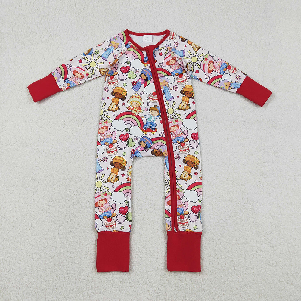 LR2852 Child Strawberry Rainbow Print Baby Girls Long Sleeve Zipper Sleeper Summer