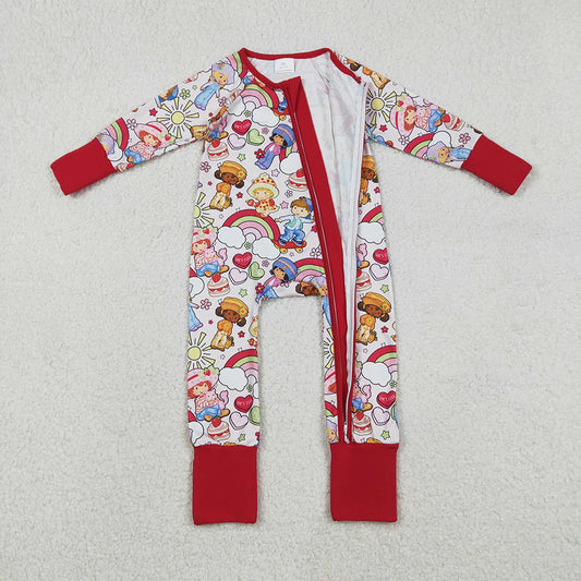 LR2852 Child Strawberry Rainbow Print Baby Girls Long Sleeve Zipper Sleeper Summer