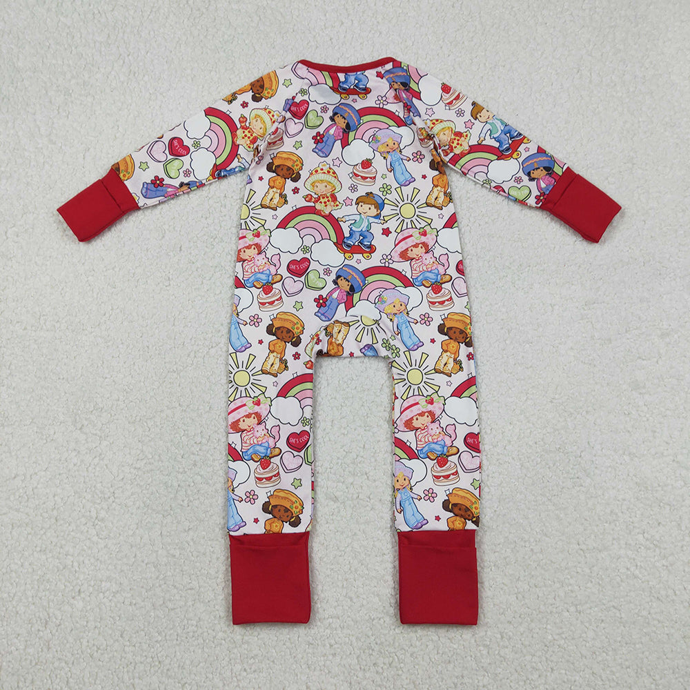 LR2852 Child Strawberry Rainbow Print Baby Girls Long Sleeve Zipper Sleeper Summer