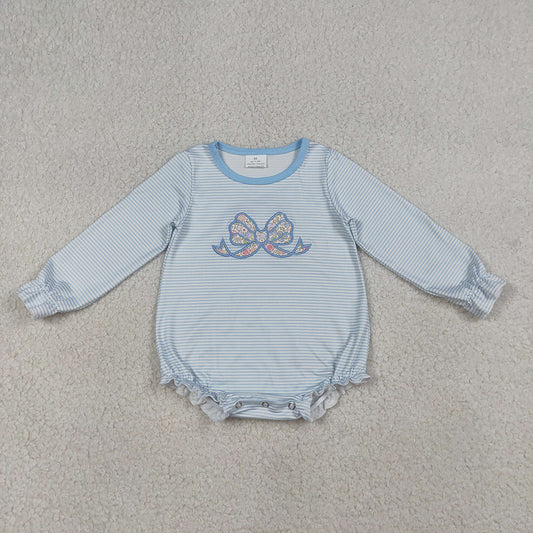 LR2917 Flowers Bow Embroidery Stripes Print Baby Girls Long Sleeve Romper