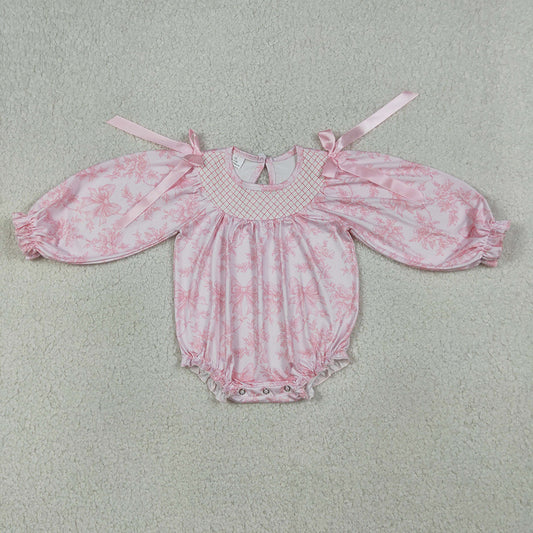 LR2932 Girls’ Pink Floral & Bow Long Sleeve Smocked Romper