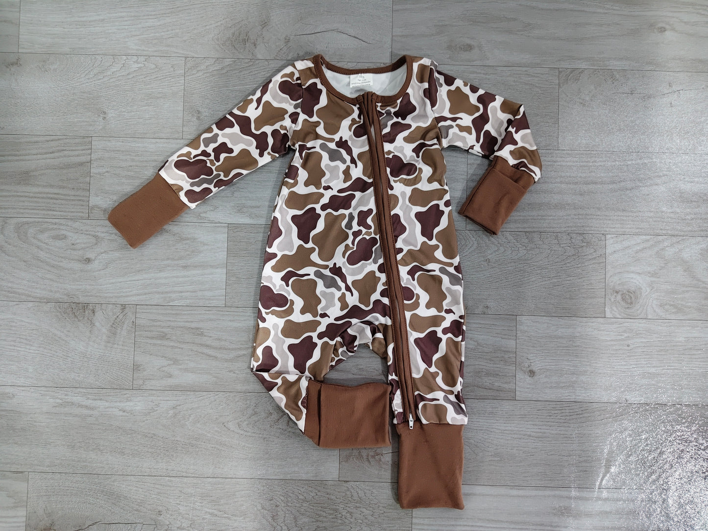 6.29 Preorder Baby Boys Brown Camo Long Sleeve Zipper Romper