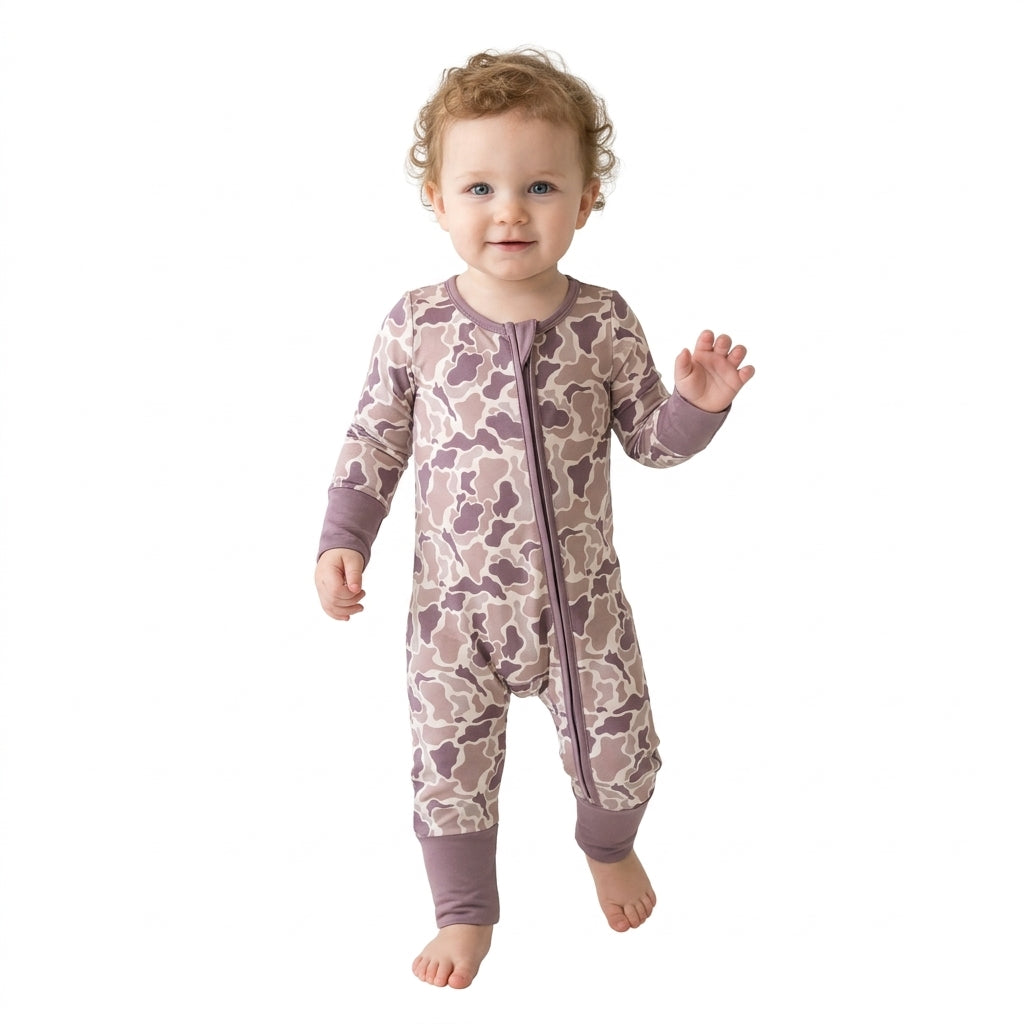 LR2948 Baby Boys Brown Camo Long Sleeve Zipper Romper