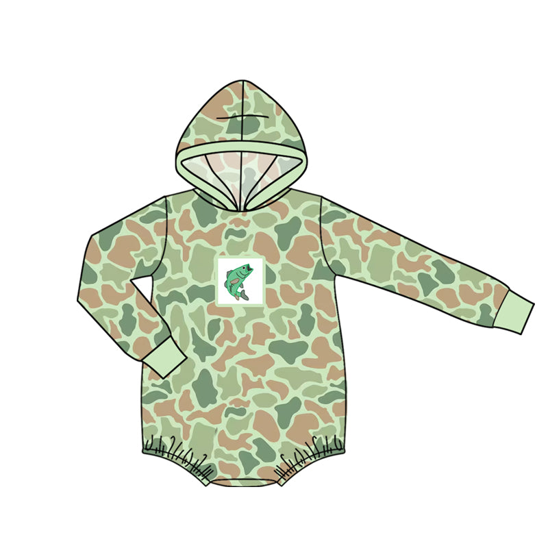 4.15 LR2995 Preorder Fish Green Camo Print Baby Hoodie Romper