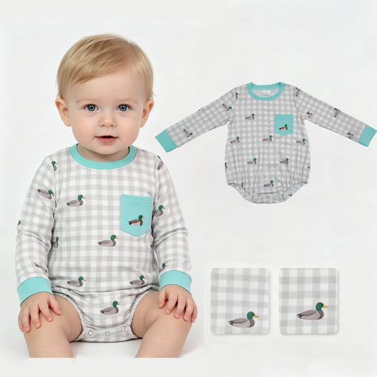 LR3000 Duck Embroidery Pocket Checkered Print Baby Boys Long Sleeve Romper