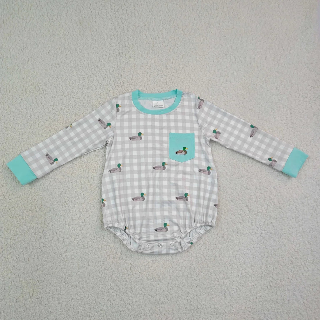 Sibling Baby Boys Embroidery Ducks Deer Pockets Hunting Checked Rompers