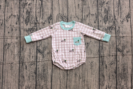 4.16  Baby Boys Duck Print Grey Gingham Long Sleeve Bubble Romper Preorder