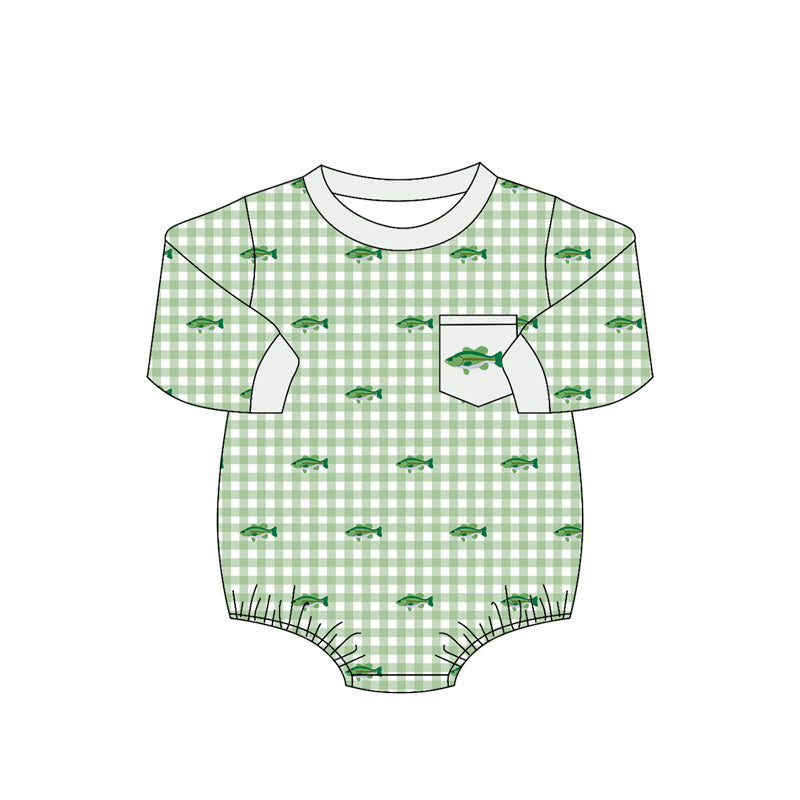 4.16  Baby Boys Fish Print Green Gingham Long Sleeve Bubble Romper Preorder