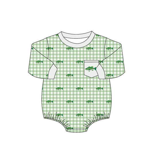 4.16  Baby Boys Fish Print Green Gingham Long Sleeve Bubble Romper Preorder