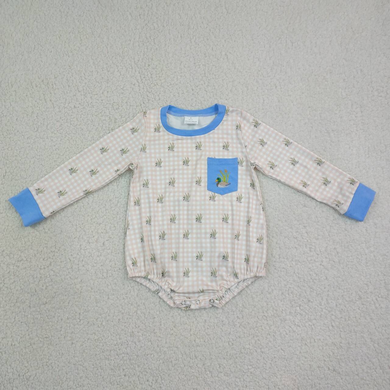 LR3002 Duck Cattail Embroidery Pocket Checkered Print Baby Boys Long Sleeve Romper