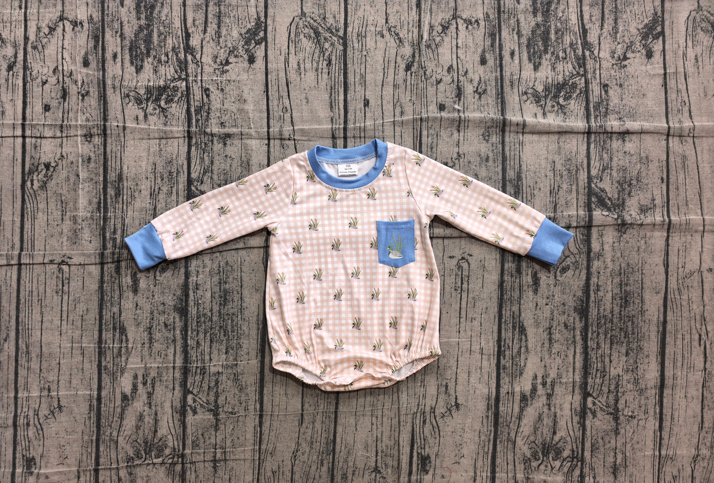 4.16  Baby Boys  Mallard Duck  Gingham Long Sleeve Bubble Romper Preorder