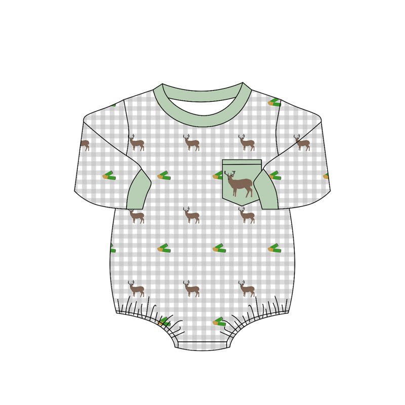 4.16  Baby Boys Hunting Deer Gingham Long Sleeve Bubble Romper Preorder