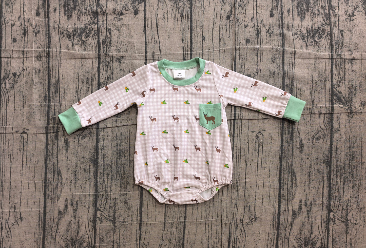 4.16  Baby Boys Hunting Deer Gingham Long Sleeve Bubble Romper Preorder