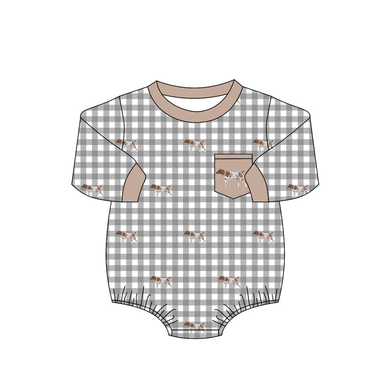 4.16  Baby Boys Hunting Dog Gingham Long Sleeve Bubble Romper Preorder