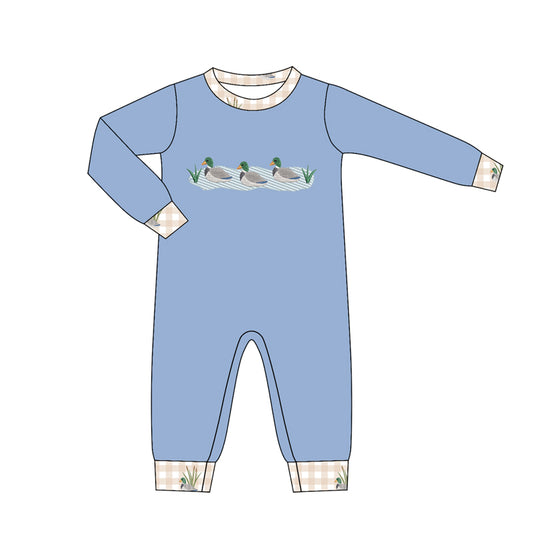 4.16  Baby Boys Duck Print  Blue Long Sleeve Romper Preorder
