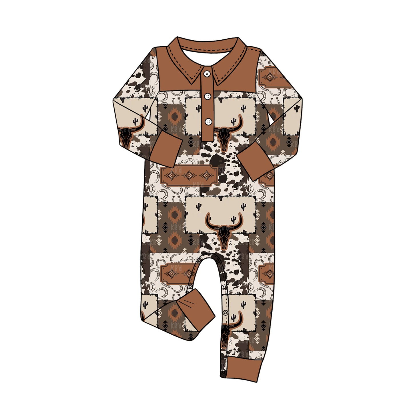 4.16 LR3012 Preorder Aztec Skull Brown Print Baby Boys Long Sleeve Western Romper