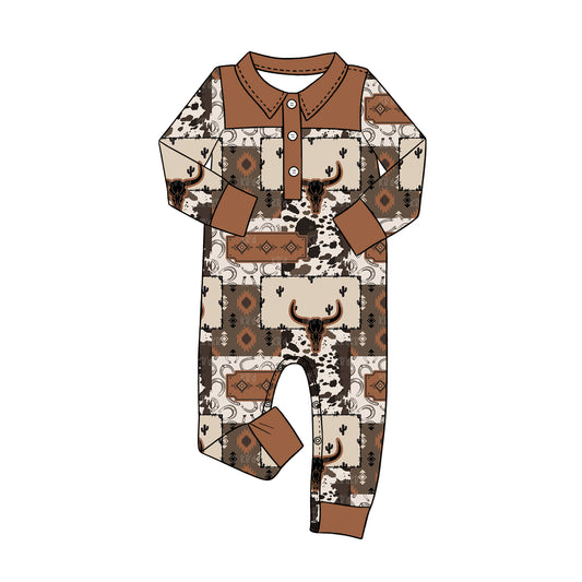 4.16 LR3012 Preorder Aztec Skull Brown Print Baby Boys Long Sleeve Western Romper