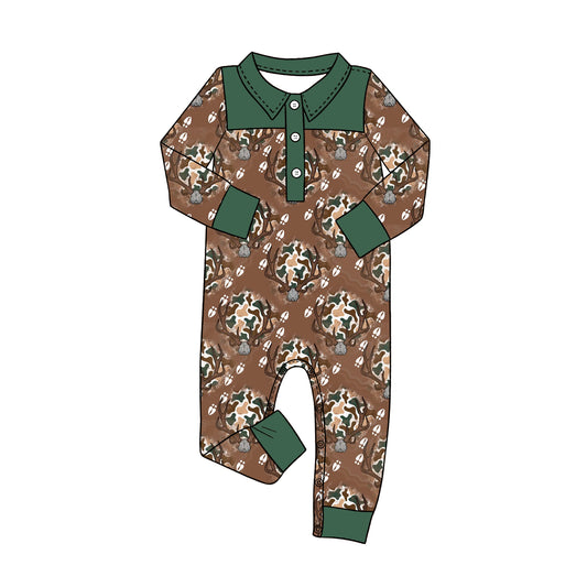 4.16 LR3013 Preorder Deer Skull Camo Brown Print Baby Boys Long Sleeve Romper