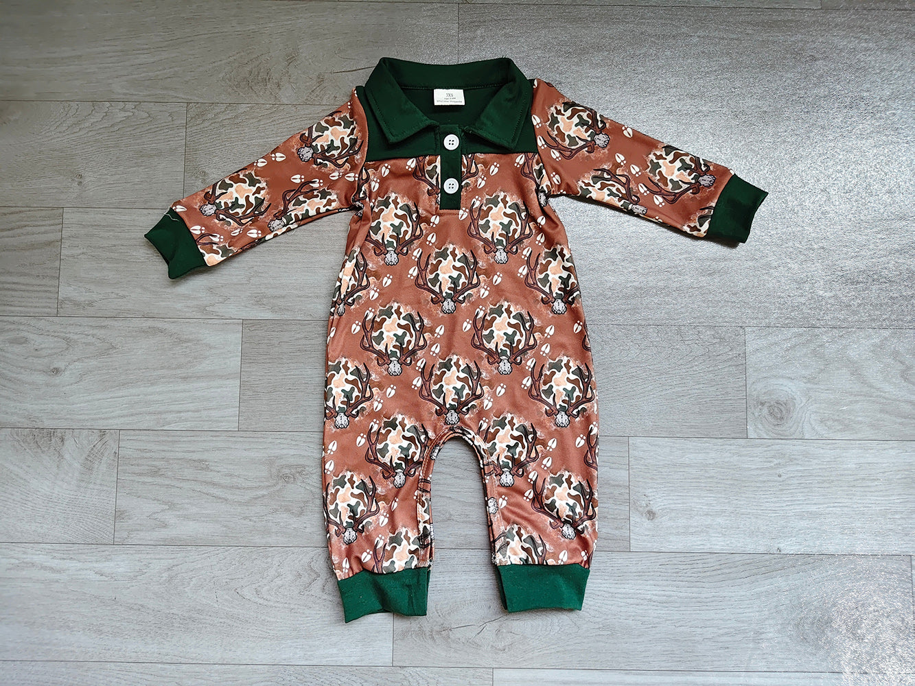 4.16 LR3013 Preorder Deer Skull Camo Brown Print Baby Boys Long Sleeve Romper