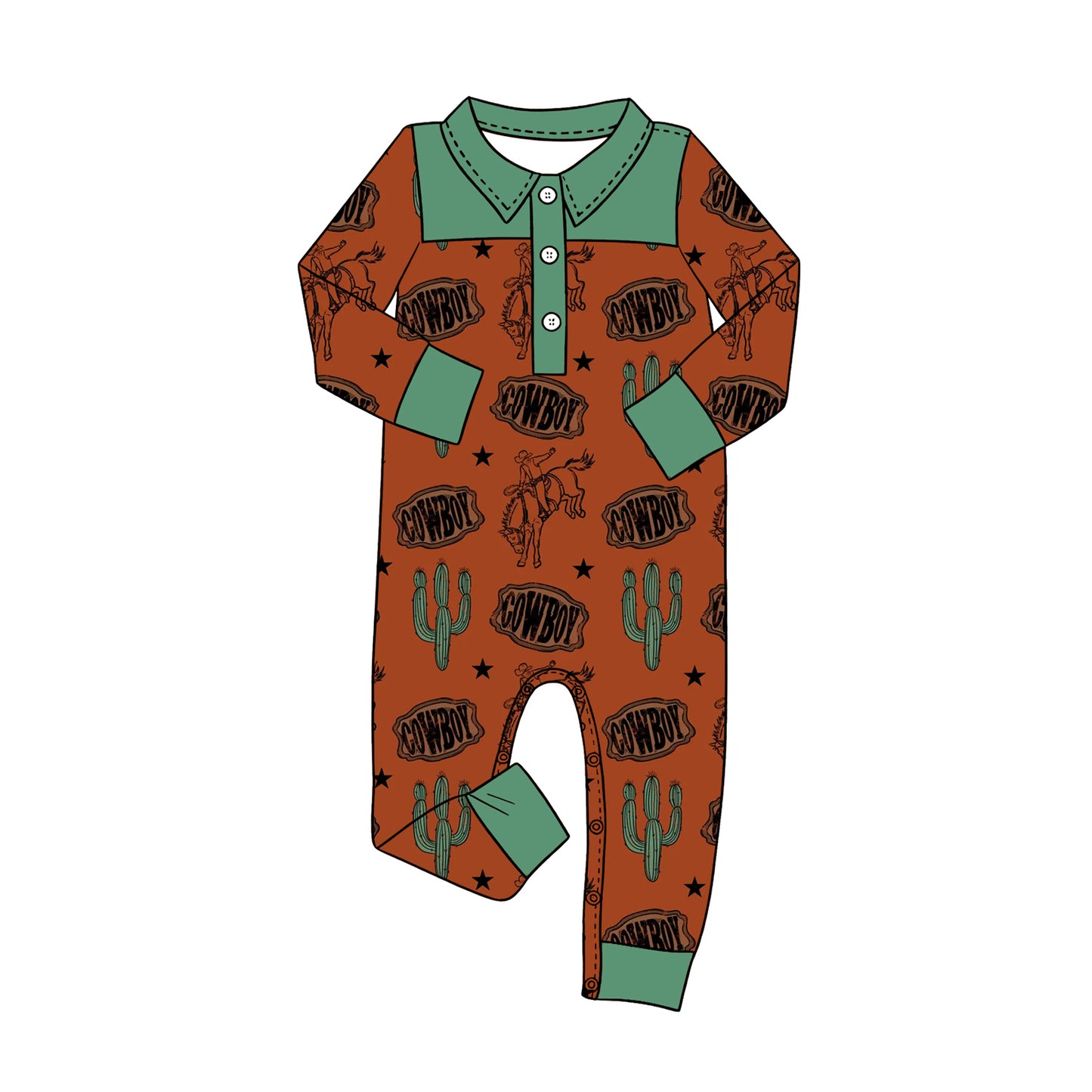 4.16 LR3014 Preorder COWBOY Brown Print Baby Boys Long Sleeve Romper