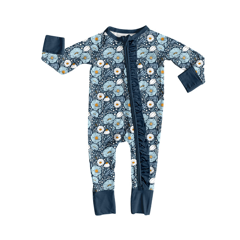 4.17 Navy Blue Floral Baby Zip Romper - Long Sleeve Sleeper with Ruffle Zipper Preorder