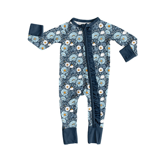4.17 Navy Blue Floral Baby Zip Romper - Long Sleeve Sleeper with Ruffle Zipper Preorder