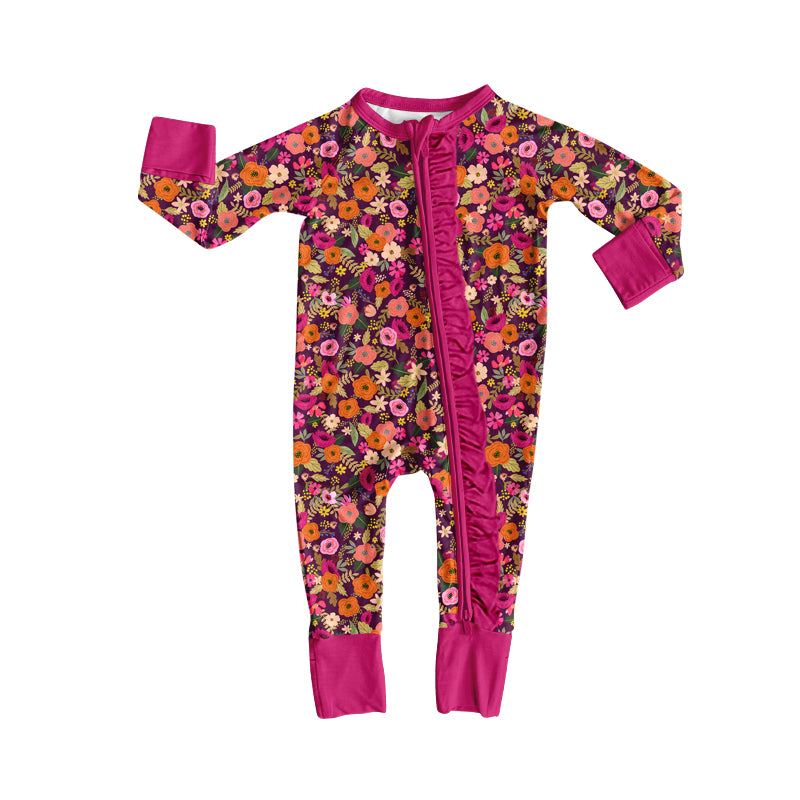 4.17 Hot Pink Floral Baby Zip Romper - Long Sleeve Sleeper with Ruffle Zipper Preorder